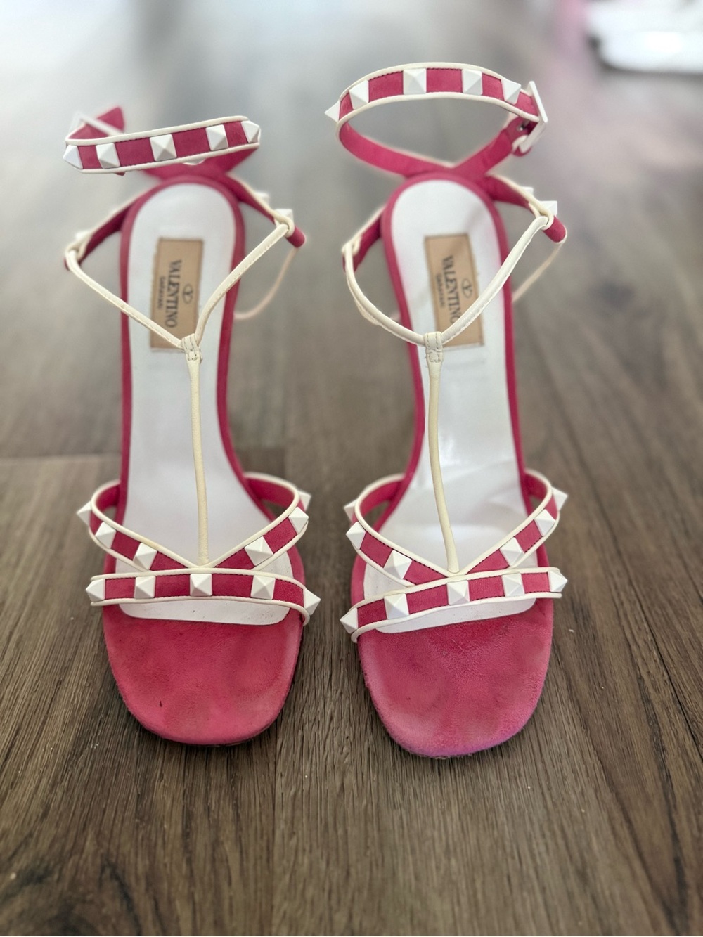 Valentino Pink Suede T-Strap Rockstud Heels with Cream Trim